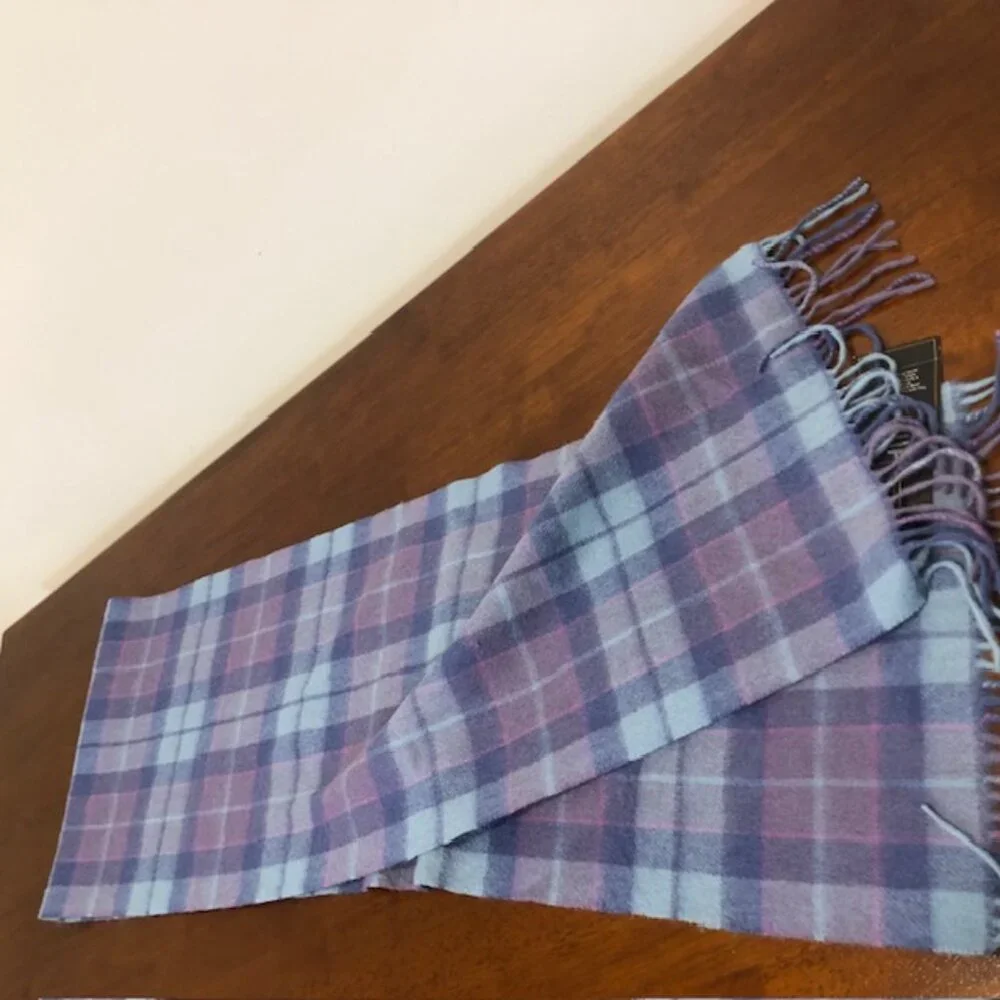 James Pringle Weavers Scotland Hand Crafted Purple Blue Plaid Wool Scarf NWT.